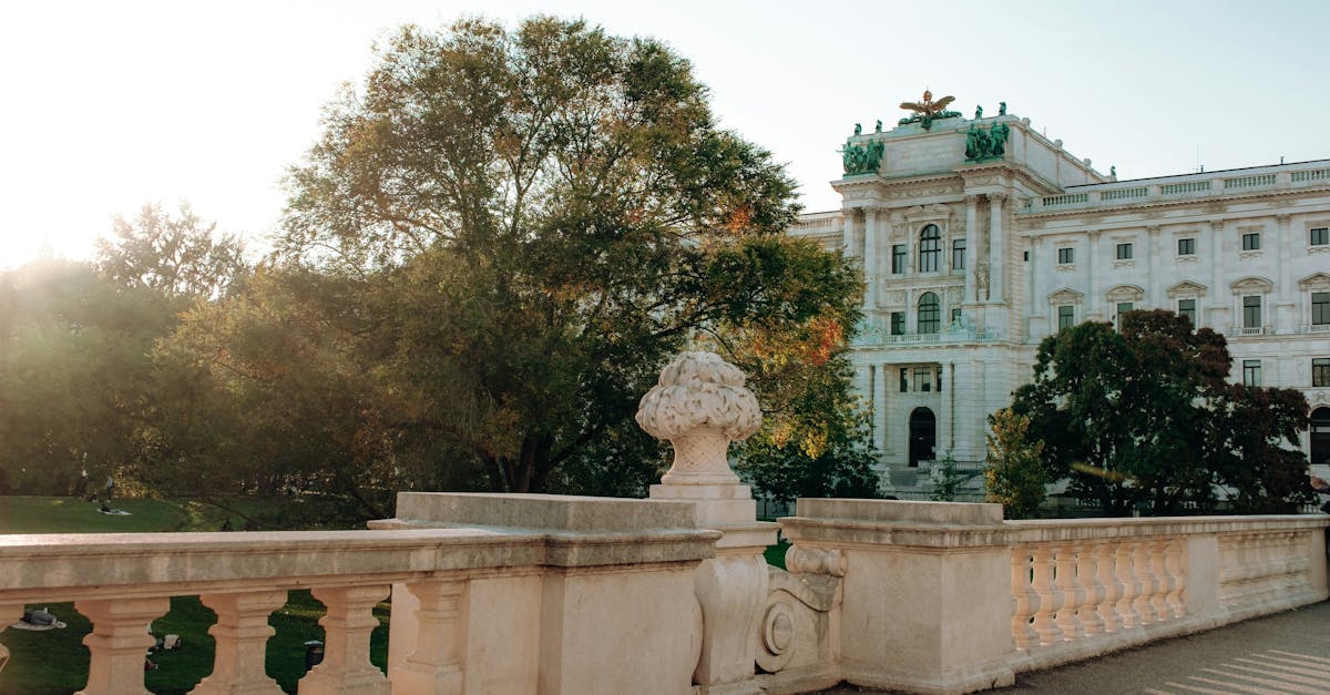 Sunlit view of Hofburg Palace in Vienna with lush greenery and classic architecture.