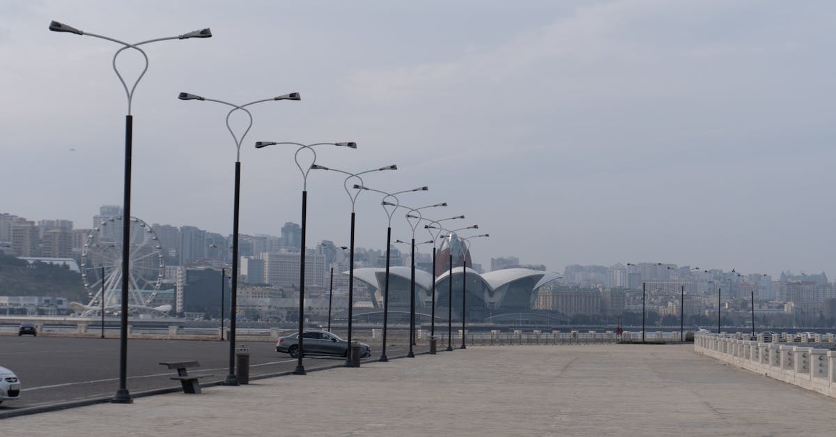 View of modern Baku cityscape featuring skyline, Ferris wheel, and famous landmarks.