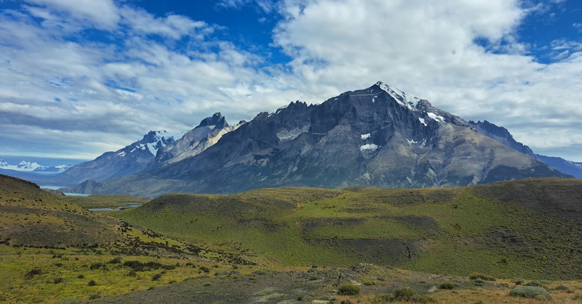 Scenic view of the Andes Mountains and expansive landscape in Torres del Paine, Chilean Patagonia.