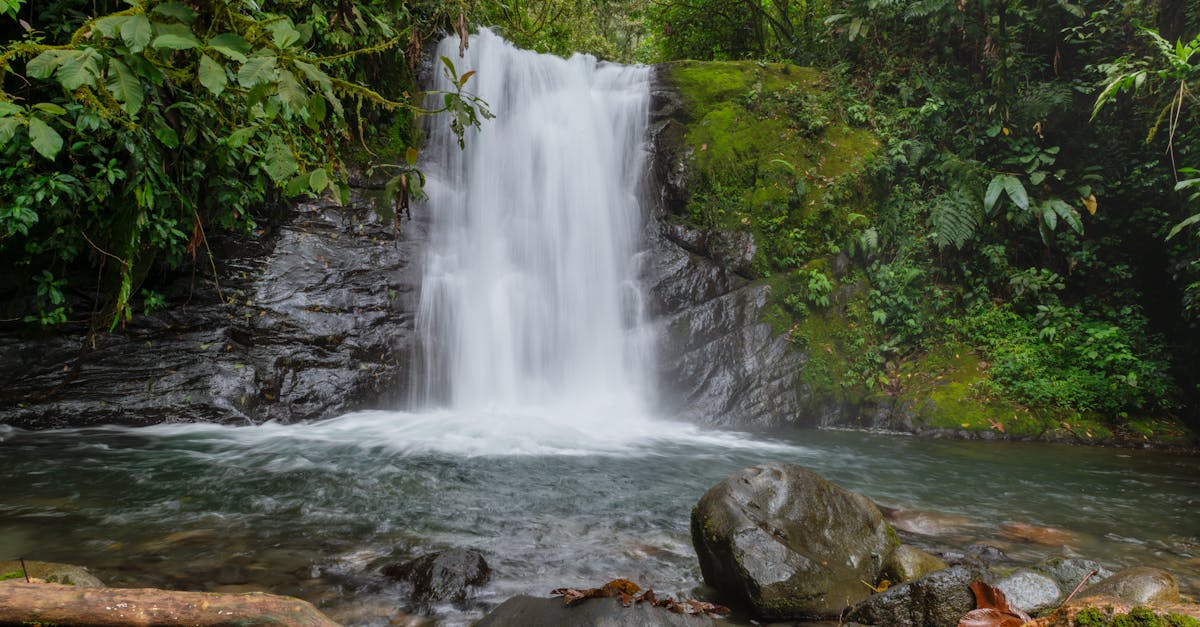Breathtaking view of a waterfall cascading through lush green rainforest in Costa Rica.