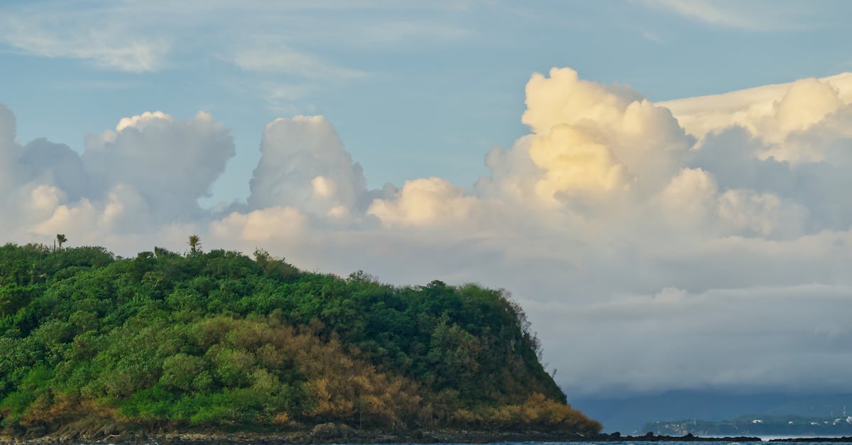 Lush green island landscape under a dramatic sky over calm ocean waters.