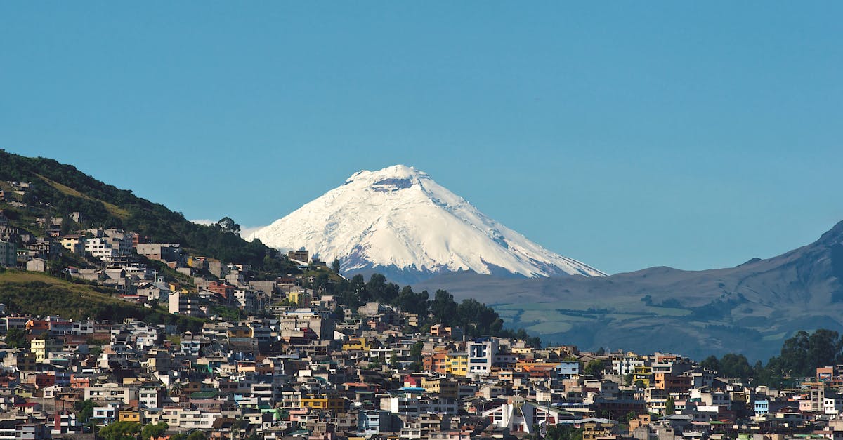 Explore Quito with the majestic backdrop of Cotopaxi Volcano under a clear blue sky.