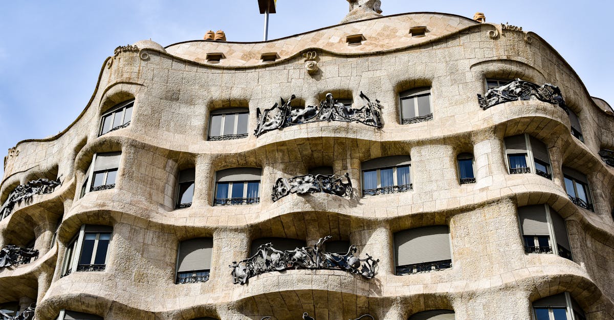 A detailed view of the iconic Casa Milà facade in Barcelona, Spain.