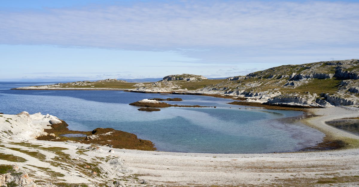 Breathtaking seaside view with rugged terrain in Troms og Finnmark, Norway, showcasing serene coastlines and clear waters.