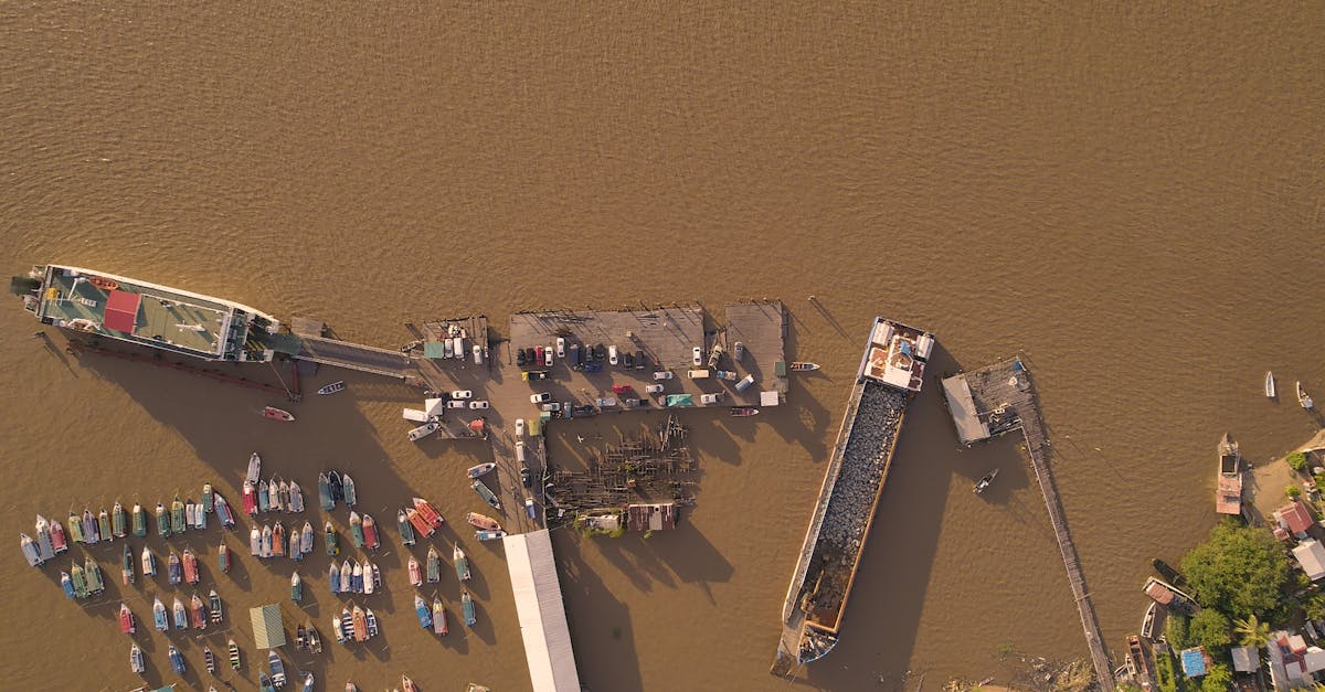 Aerial shot of Parika dock in Guyana showing boats and piers on the Essequibo River.