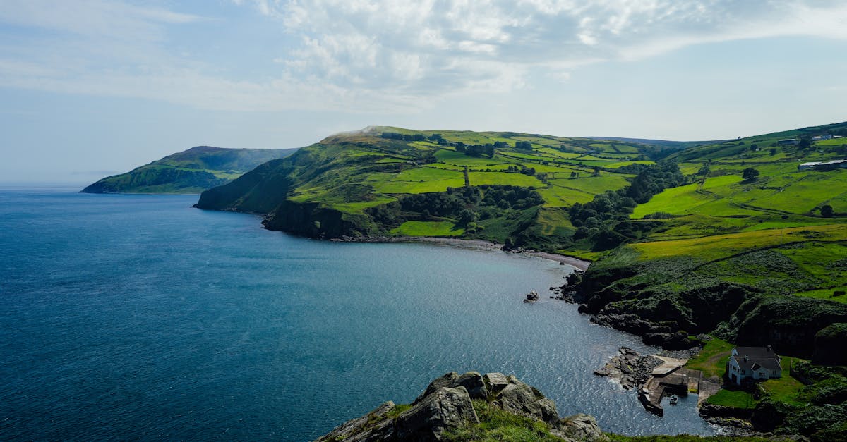 Breathtaking view of a lush green coastal landscape with rocky bays under a bright sky.