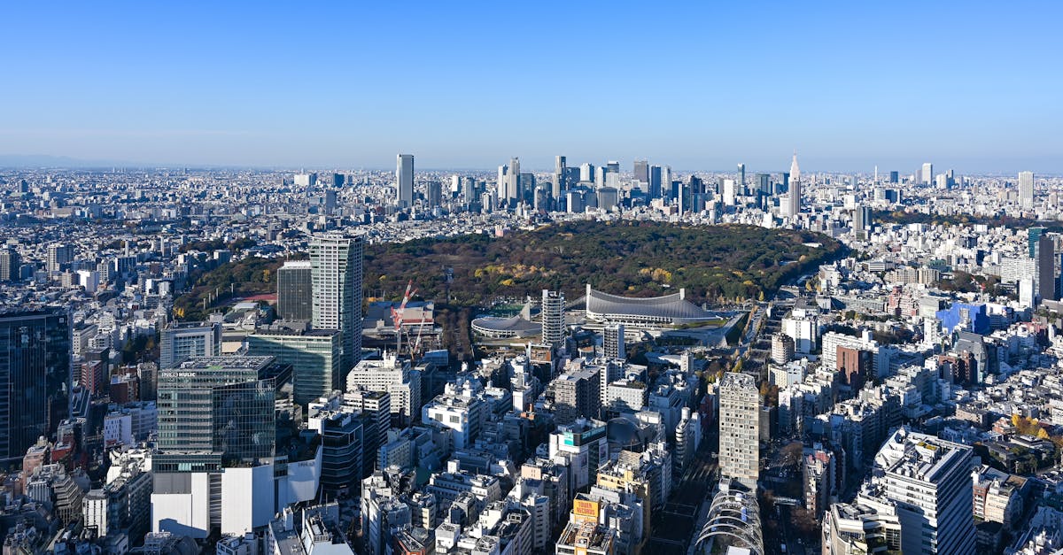 Aerial view of Tokyo cityscape featuring Shinjuku Park surrounded by skyscrapers under a clear blue sky.