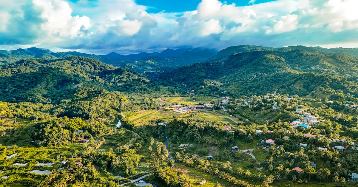 A breathtaking aerial shot over lush Caribbean mountains and valleys under a vibrant blue sky.