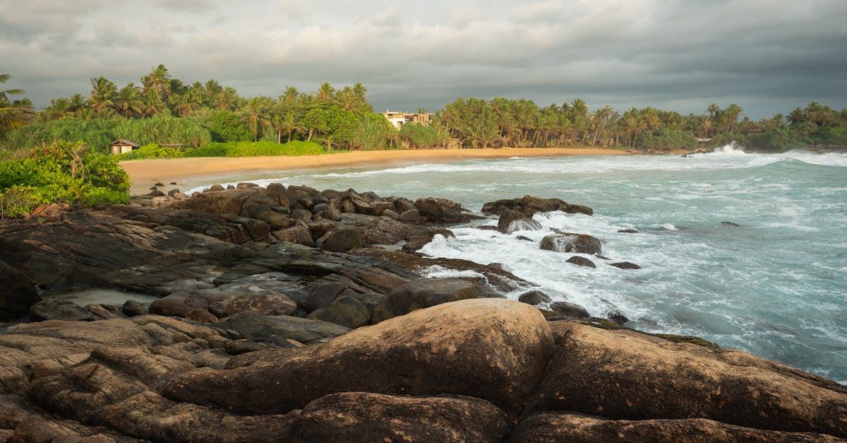 Explore a serene tropical beach in Sri Lanka with rocky shores and lush greenery under a dramatic sky.