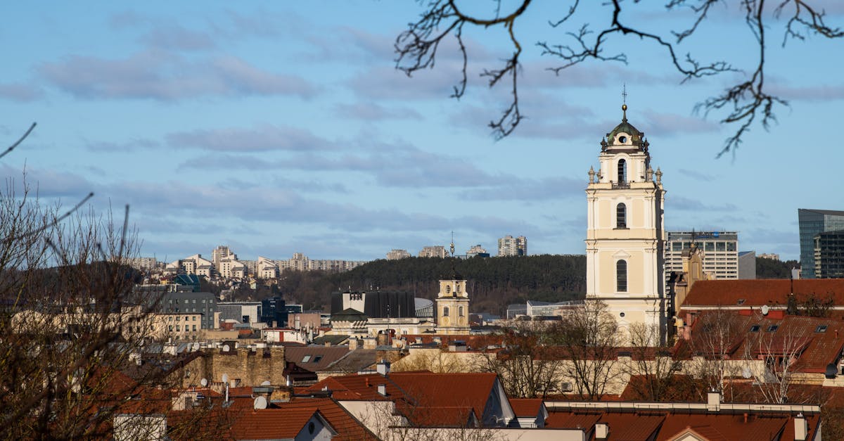 A beautiful view of Vilnius city featuring historic architecture and a prominent church tower under a clear sky.