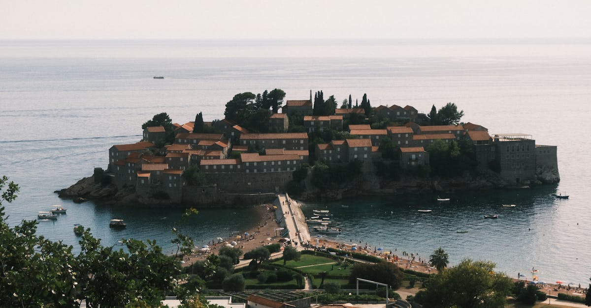 Scenic aerial view of Sveti Stefan, a picturesque island and resort in Montenegro.