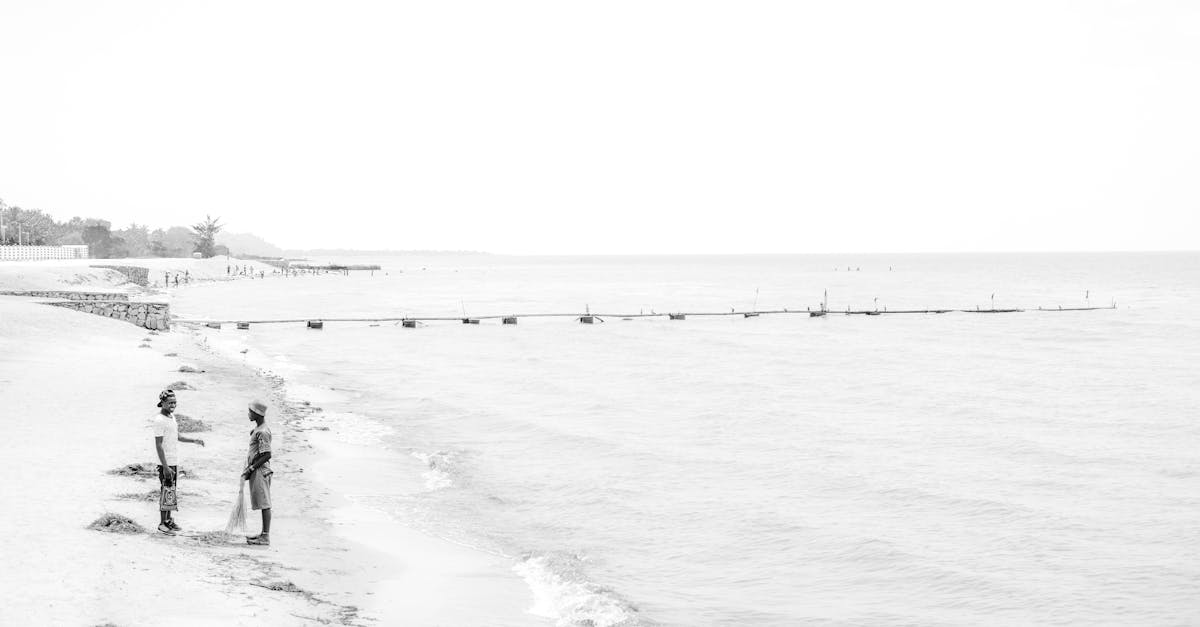 Two fishermen gathering nets on the serene shores of Lake Malawi in a monochrome setting.