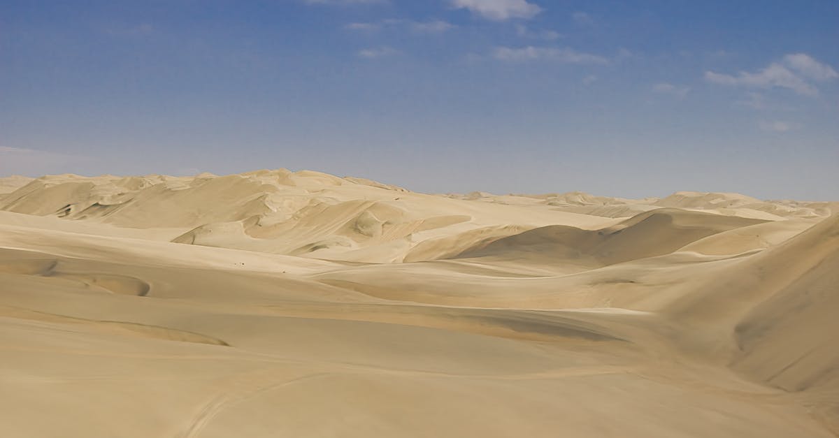 Serene aerial view of rolling sand dunes under a clear blue sky in the Namibian desert.