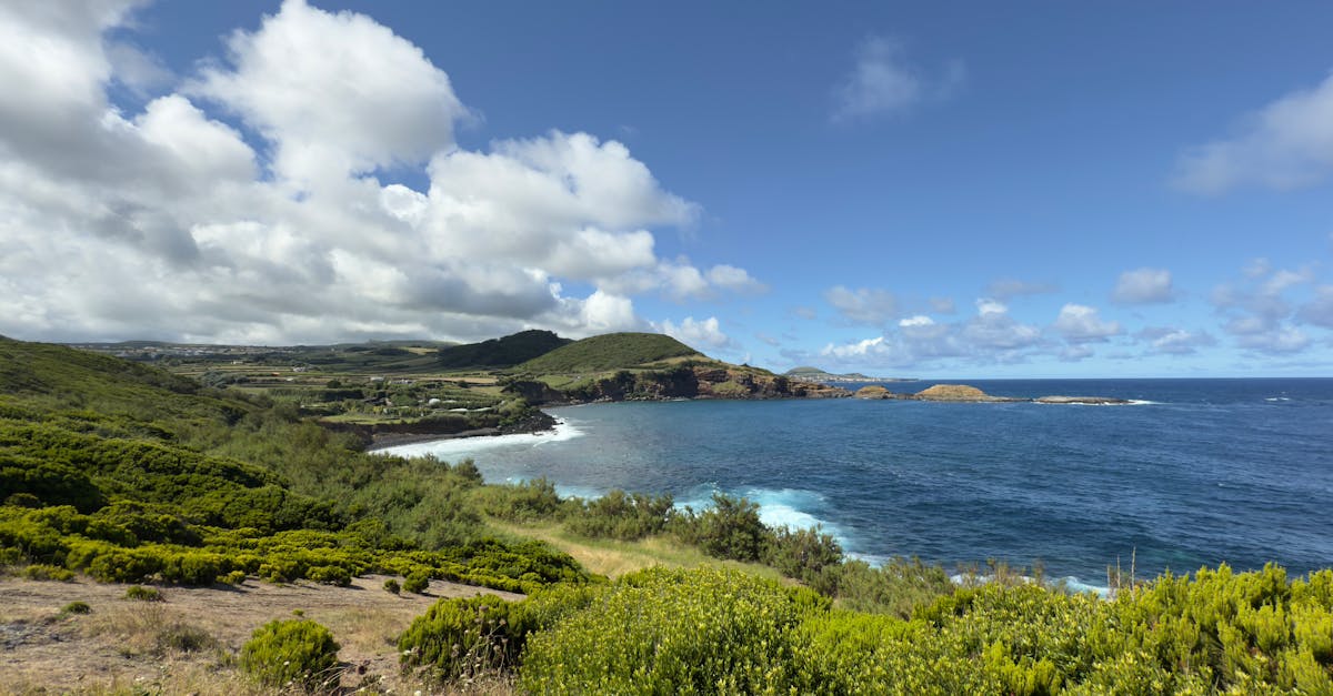 Explore the stunning coastline of Terceira Island in the Azores, featuring lush greenery and vivid blue ocean waters.
