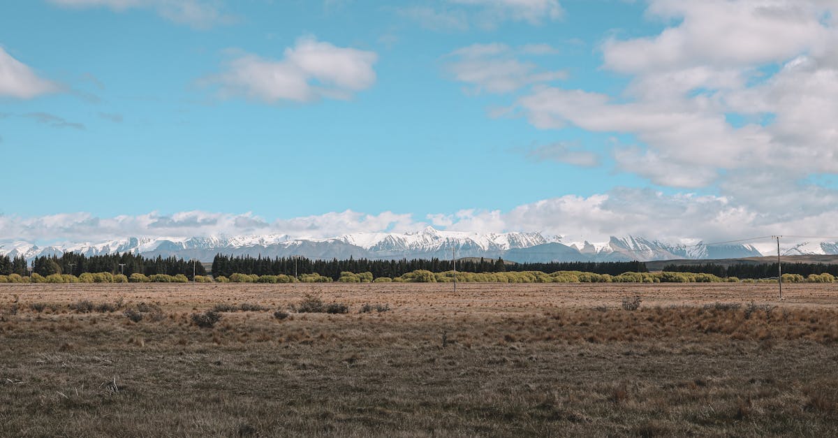 Breathtaking landscape of snow-capped mountains and open fields in Queenstown, New Zealand.