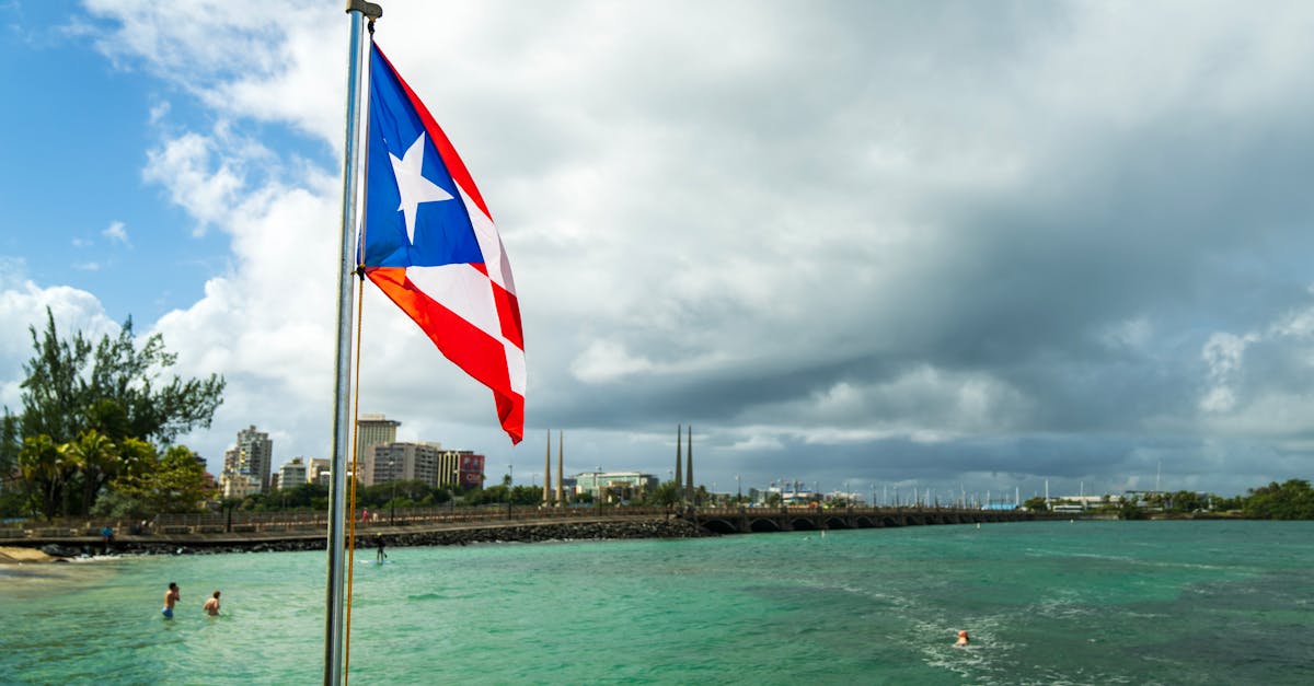 Puerto Rican flag on a flagpole by the sea with city skyline in the background.