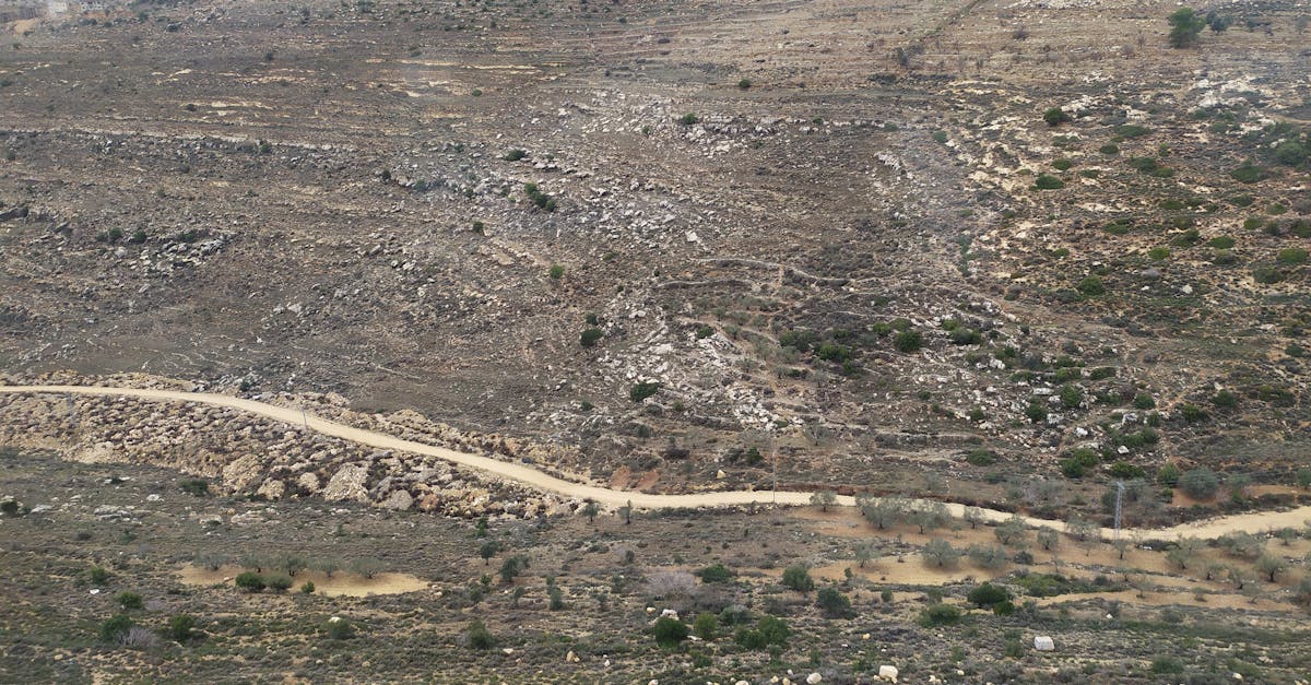 Aerial view of the rugged, rocky terrain with a winding dirt road in the Palestinian countryside.