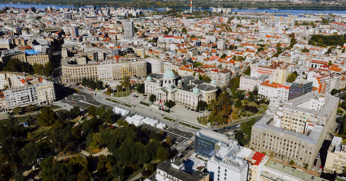 A picturesque aerial view of the National Assembly of Serbia in the heart of Belgrade.