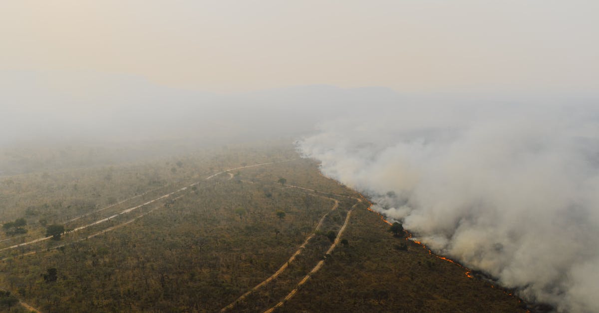 Dramatic aerial view of a grassland fire with smoke spreading across the South African landscape.